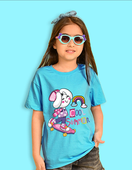 Nusyl Girls Sky Blue Cool Summer Text  Printed  Short sleeve Cotton Blend Oversized T-shirts