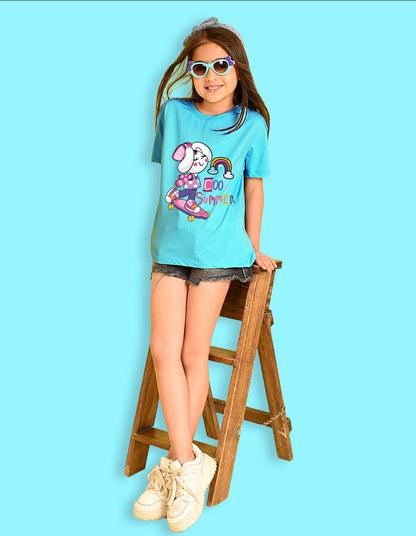 Nusyl Girls Sky Blue Cool Summer Text  Printed  Short sleeve Cotton Blend Oversized T-shirts