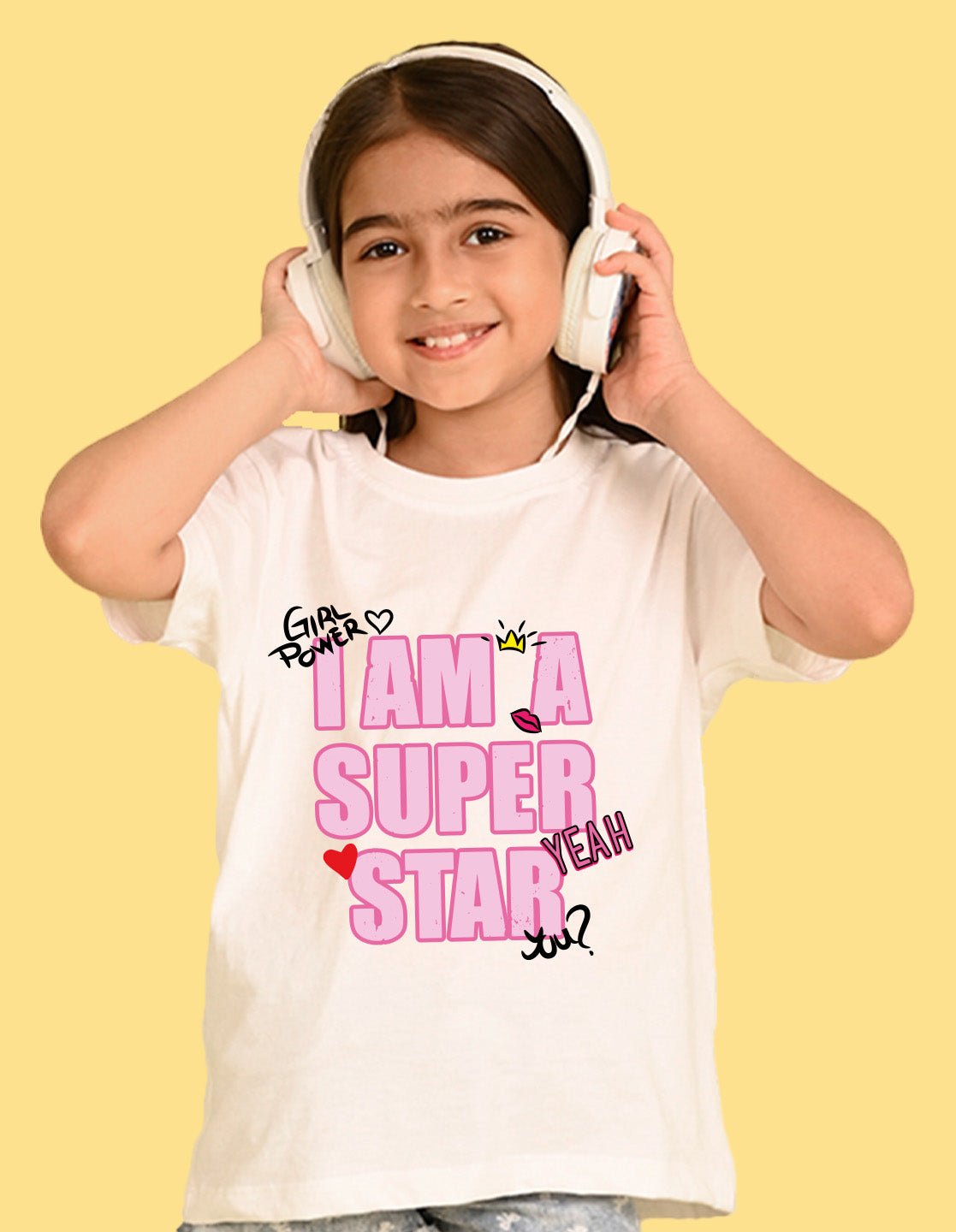 Nusyl Girls White i am a super star Text Printed  Short sleeve Cotton Blend Oversized T-shirts