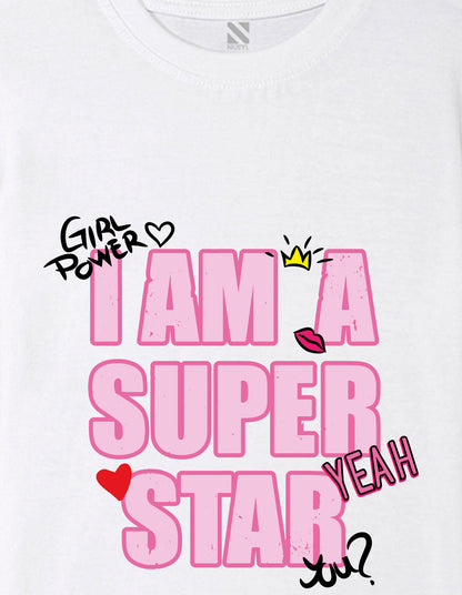 Nusyl Girls White i am a super star Text Printed  Short sleeve Cotton Blend Oversized T-shirts