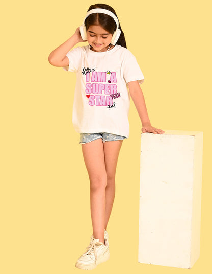 Nusyl Girls White i am a super star Text Printed  Short sleeve Cotton Blend Oversized T-shirts