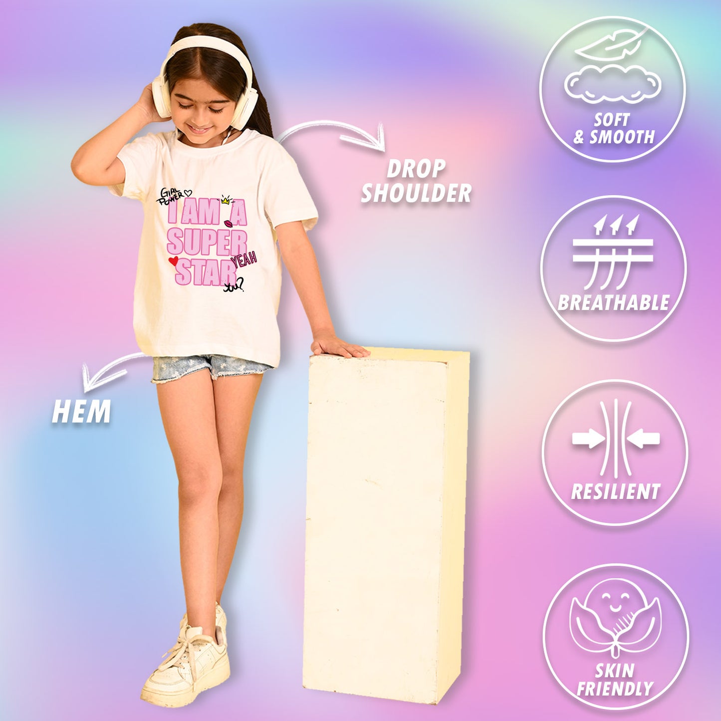 Nusyl Girls White i am a super star Text Printed  Short sleeve Cotton Blend Oversized T-shirts