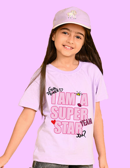 Nusyl Girls Lilac i am a super star Text Printed  Short sleeve Cotton Blend Oversized T-shirts
