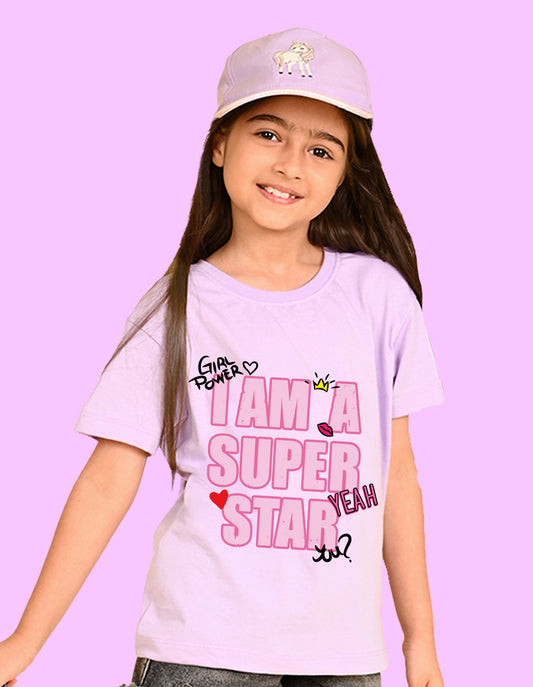 Nusyl Girls Lilac i am a super star Text Printed  Short sleeve Cotton Blend Oversized T-shirts