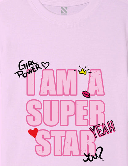 Nusyl Girls Lilac i am a super star Text Printed  Short sleeve Cotton Blend Oversized T-shirts