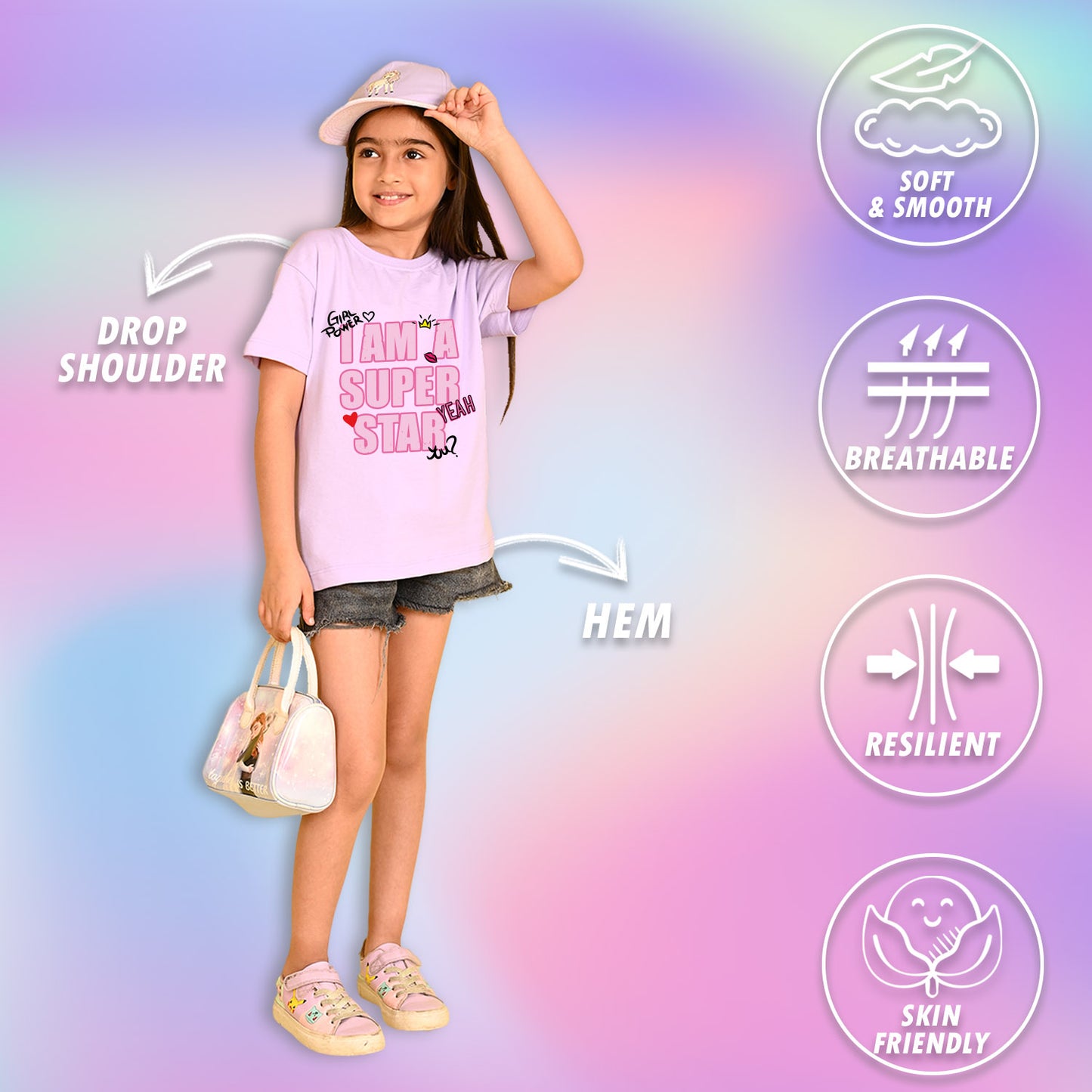 Nusyl Girls Lilac i am a super star Text Printed  Short sleeve Cotton Blend Oversized T-shirts