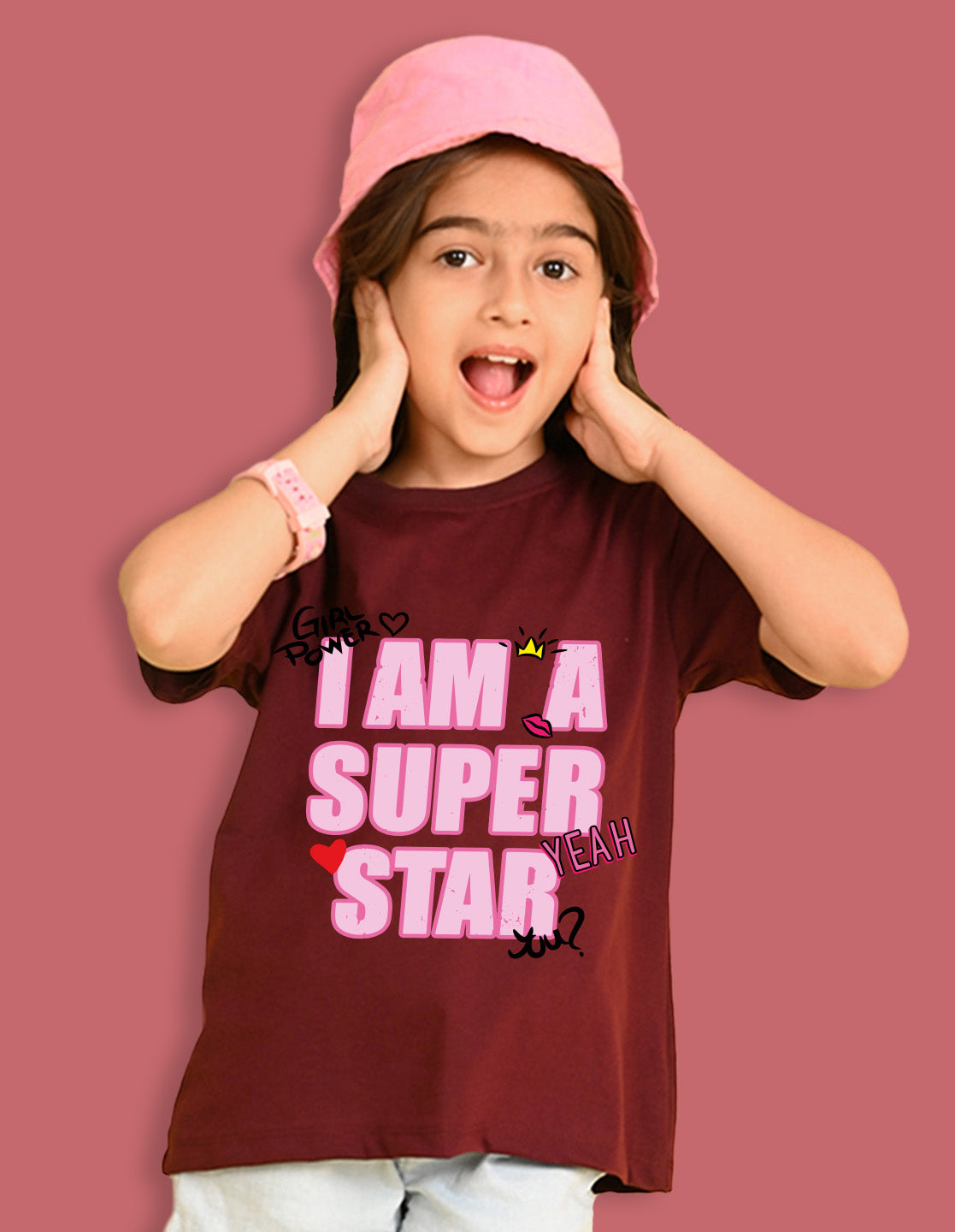 Nusyl Girls Wine i am a super star Text Printed  Short sleeve Cotton Blend Oversized T-shirts