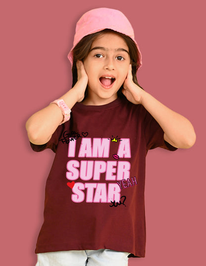 Nusyl Girls Wine i am a super star Text Printed  Short sleeve Cotton Blend Oversized T-shirts