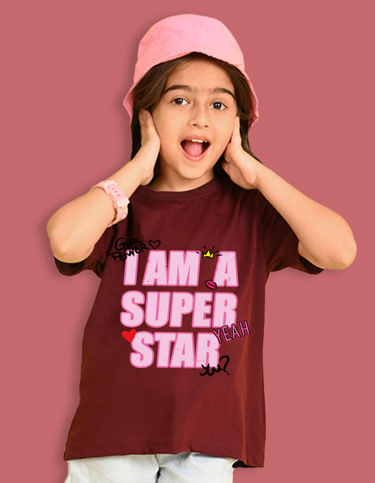 Nusyl Girls Wine i am a super star Text Printed  Short sleeve Cotton Blend Oversized T-shirts