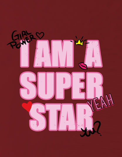 Nusyl Girls Wine i am a super star Text Printed  Short sleeve Cotton Blend Oversized T-shirts