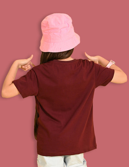 Nusyl Girls Wine i am a super star Text Printed  Short sleeve Cotton Blend Oversized T-shirts