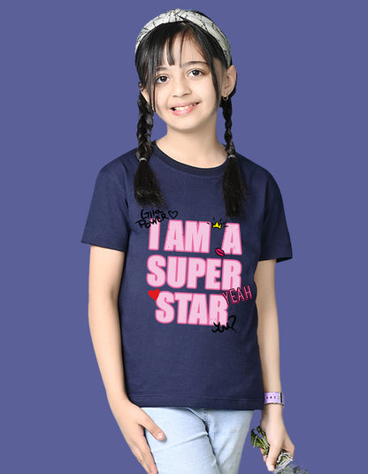 Nusyl Girls Navy Blue i am a super star Text Printed  Short sleeve Cotton Blend Oversized T-shirts