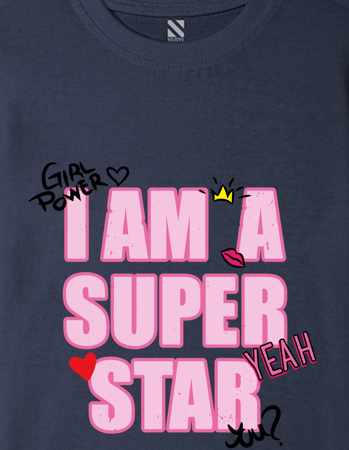 Nusyl Girls Navy Blue i am a super star Text Printed  Short sleeve Cotton Blend Oversized T-shirts