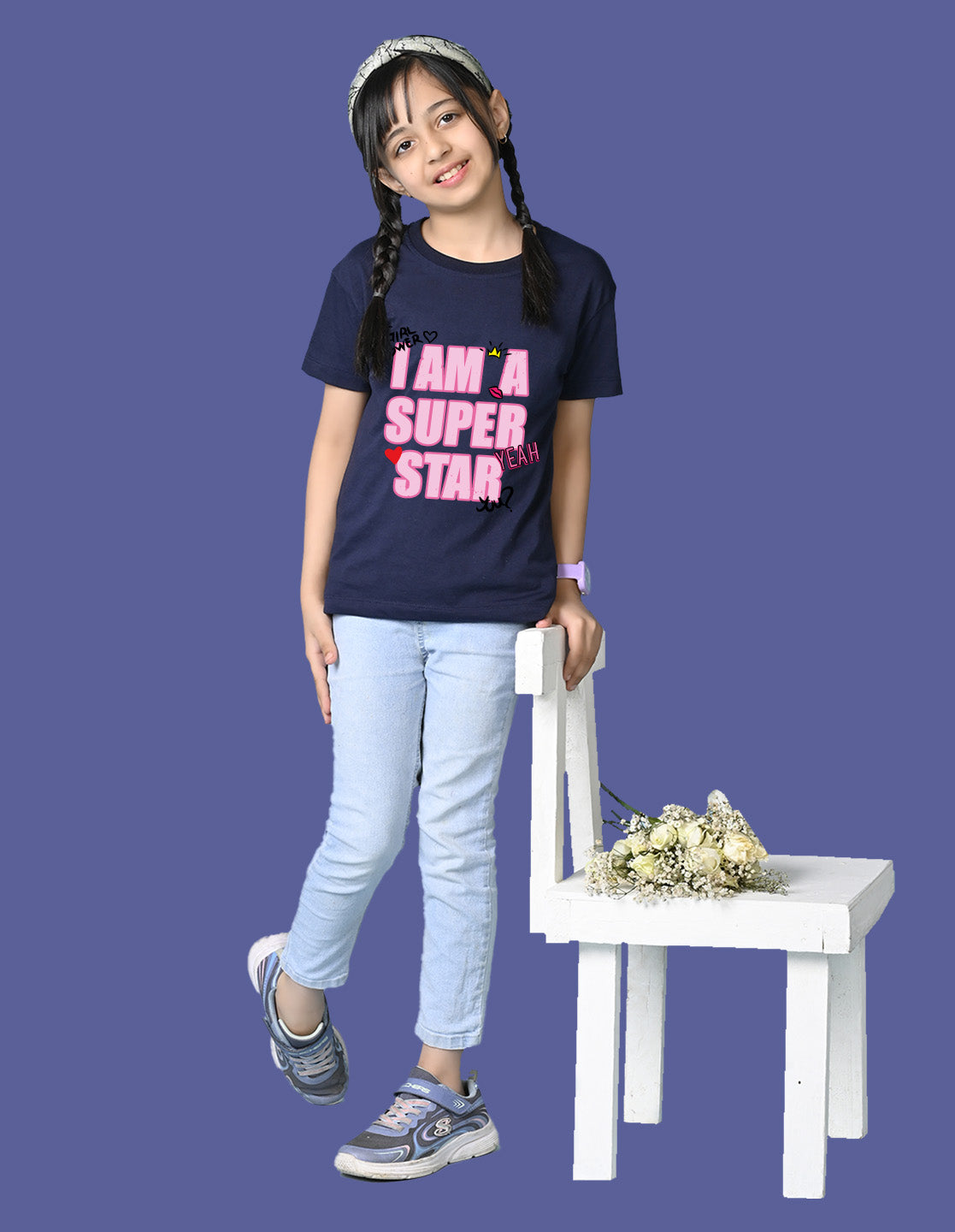 Nusyl Girls Navy Blue i am a super star Text Printed  Short sleeve Cotton Blend Oversized T-shirts