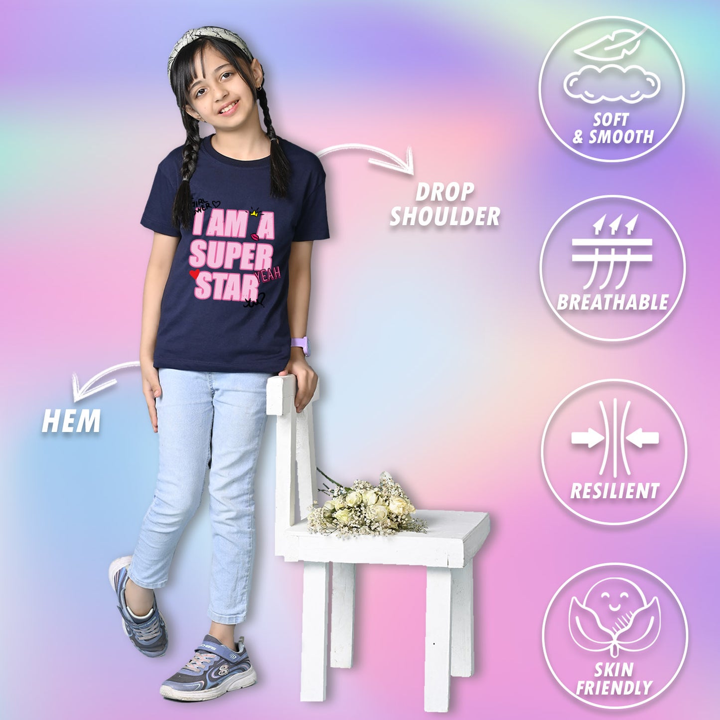 Nusyl Girls Navy Blue i am a super star Text Printed  Short sleeve Cotton Blend Oversized T-shirts