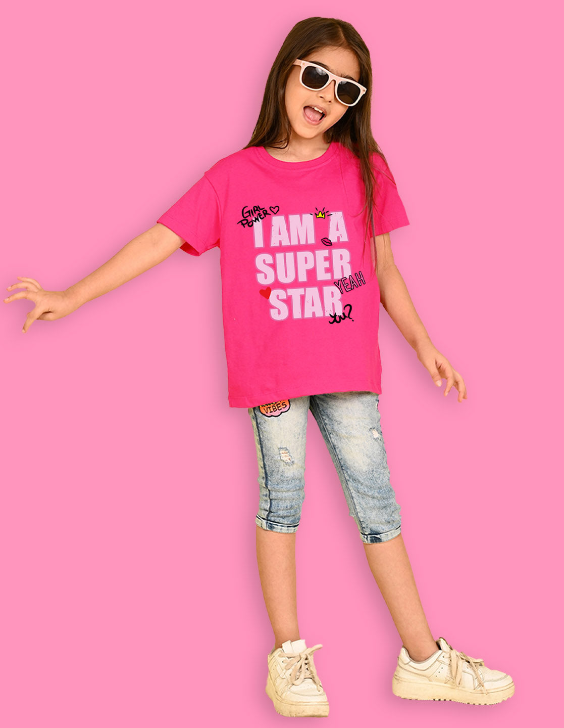 Nusyl Girls Hot Pink i am a super star Text Printed  Short sleeve Cotton Blend Oversized T-shirts