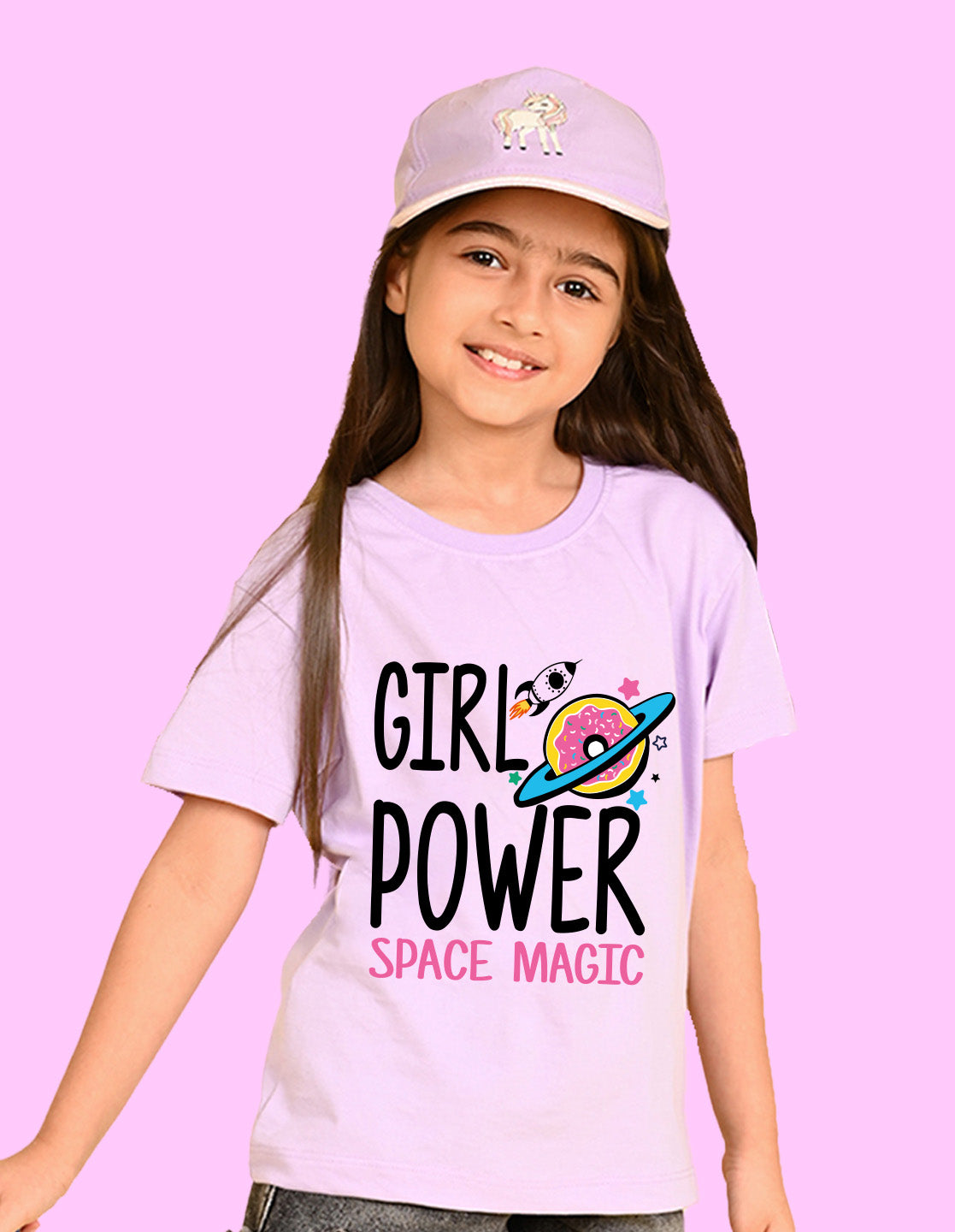 Nusyl Girls Lilac Girl Power text  Printed  Short sleeve Cotton Blend Oversized T-shirts
