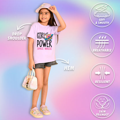 Nusyl Girls Lilac Girl Power text  Printed  Short sleeve Cotton Blend Oversized T-shirts