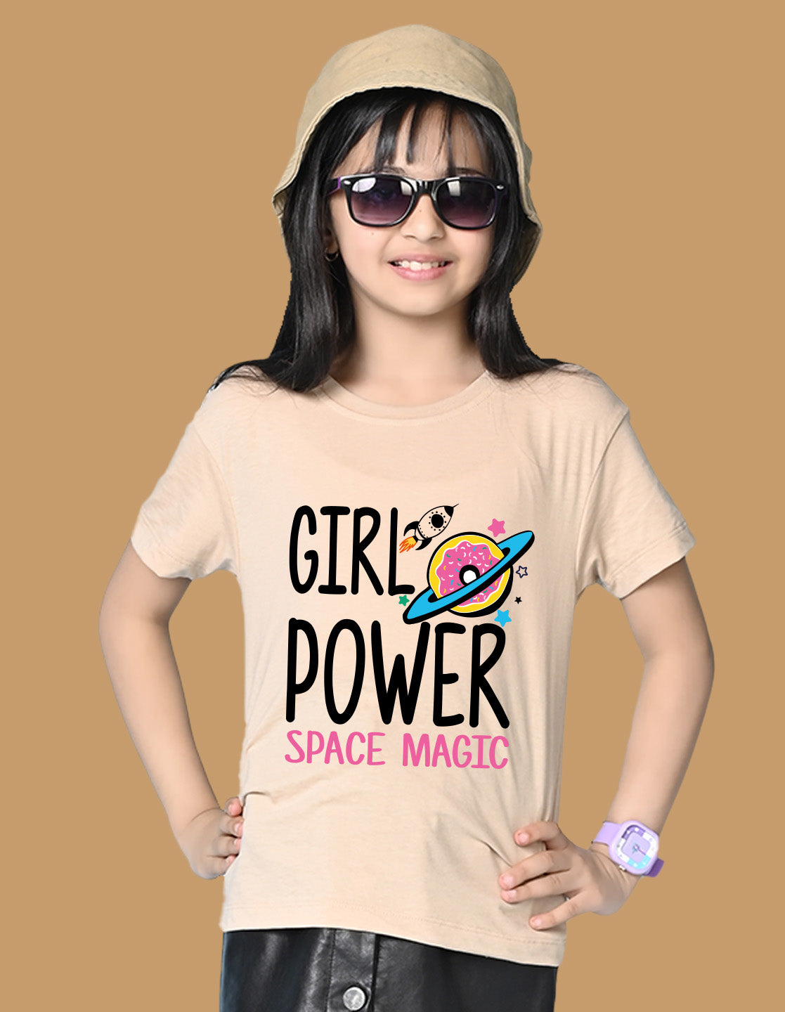 Nusyl Girls Beige Girl Power text  Printed  Short sleeve Cotton Blend Oversized T-shirts