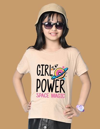 Nusyl Girls Beige Girl Power text  Printed  Short sleeve Cotton Blend Oversized T-shirts
