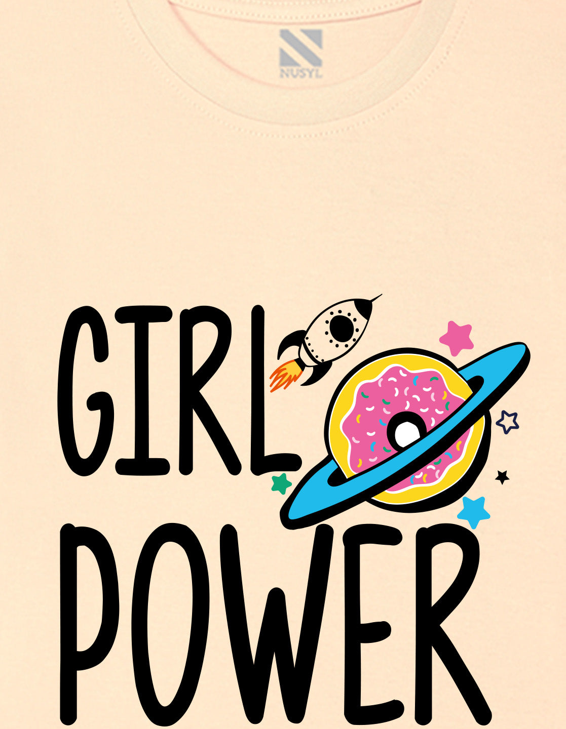 Nusyl Girls Beige Girl Power text  Printed  Short sleeve Cotton Blend Oversized T-shirts