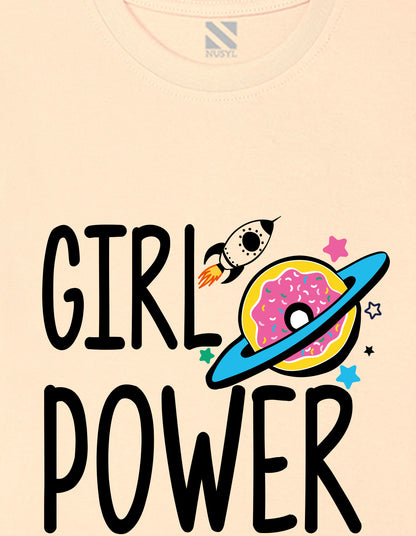 Nusyl Girls Beige Girl Power text  Printed  Short sleeve Cotton Blend Oversized T-shirts