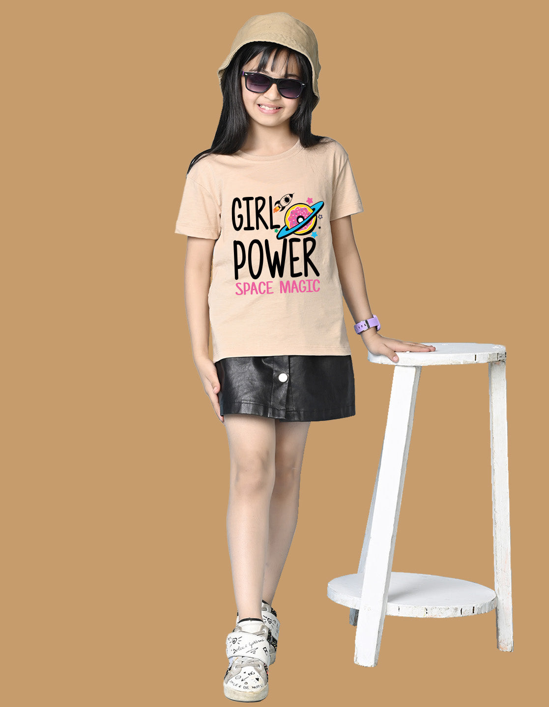 Nusyl Girls Beige Girl Power text  Printed  Short sleeve Cotton Blend Oversized T-shirts