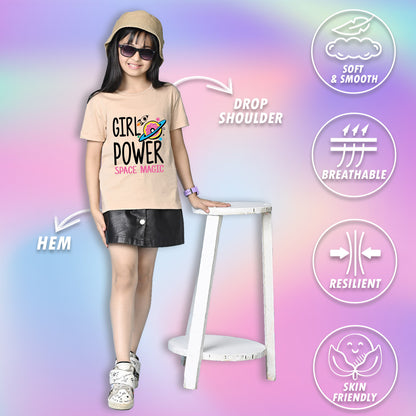 Nusyl Girls Beige Girl Power text  Printed  Short sleeve Cotton Blend Oversized T-shirts