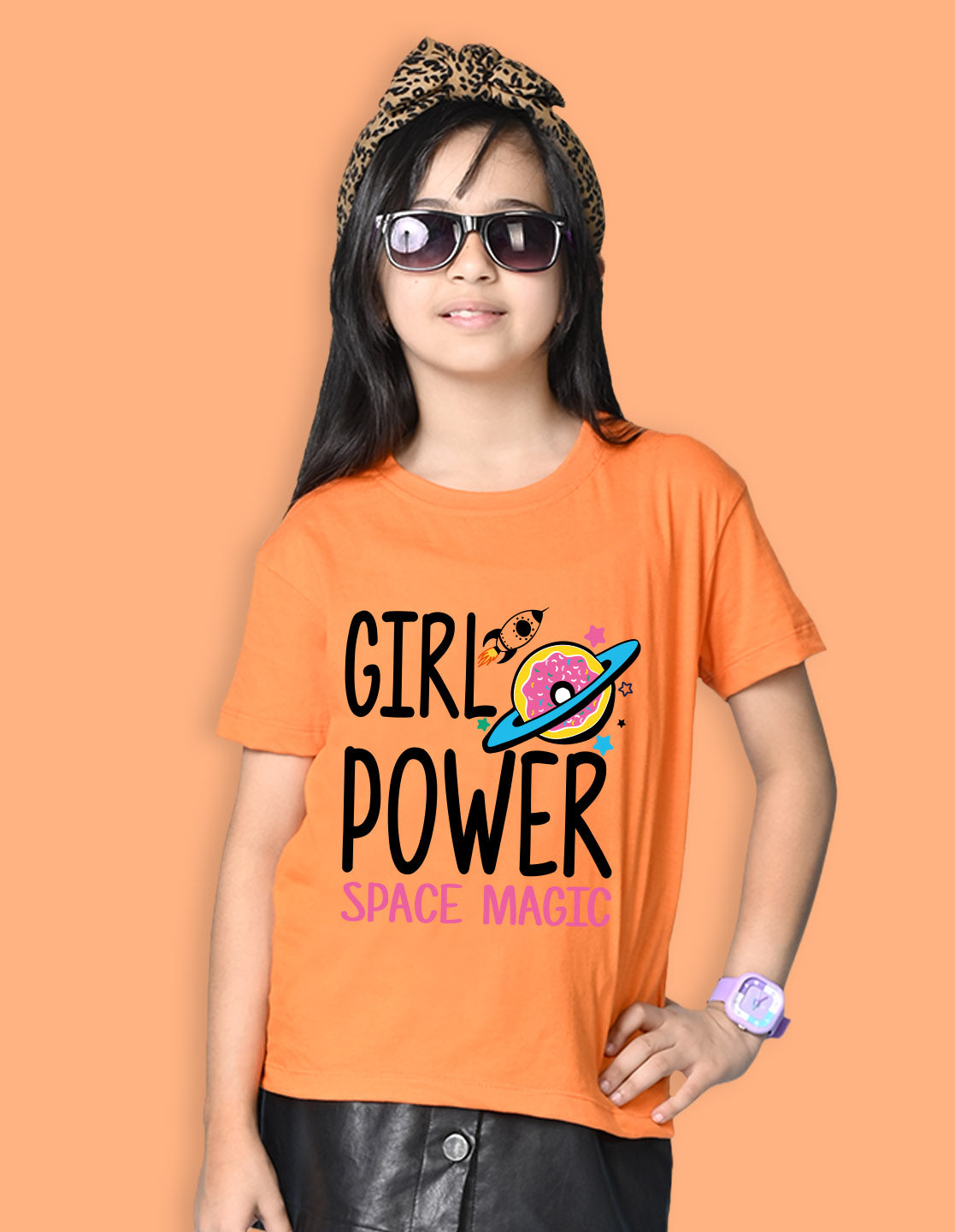 Nusyl Girls Orange Girl Power text  Printed  Short sleeve Cotton Blend Oversized T-shirts