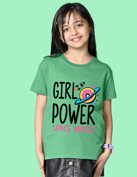 Nusyl Girls Green Girl Power text  Printed  Short sleeve Cotton Blend Oversized T-shirts