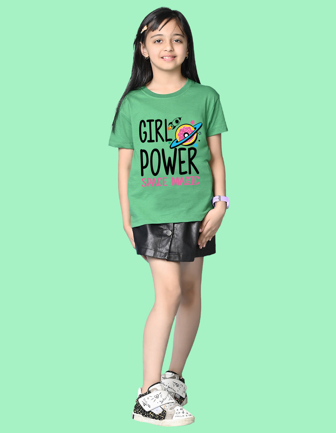 Nusyl Girls Green Girl Power text  Printed  Short sleeve Cotton Blend Oversized T-shirts