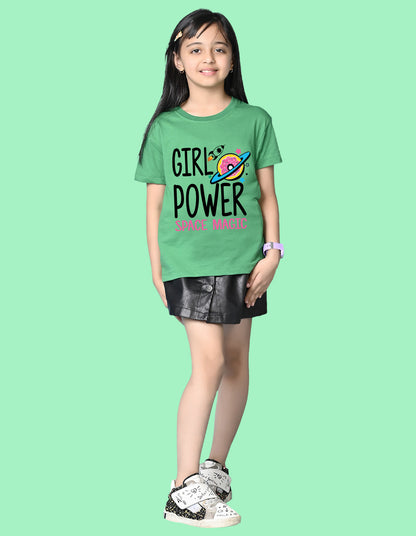 Nusyl Girls Green Girl Power text  Printed  Short sleeve Cotton Blend Oversized T-shirts