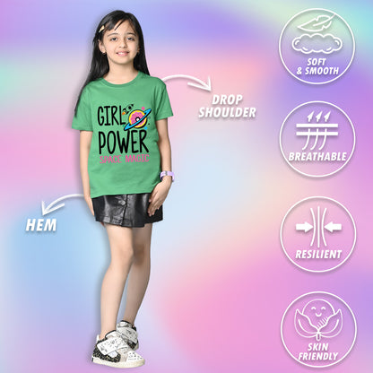 Nusyl Girls Green Girl Power text  Printed  Short sleeve Cotton Blend Oversized T-shirts