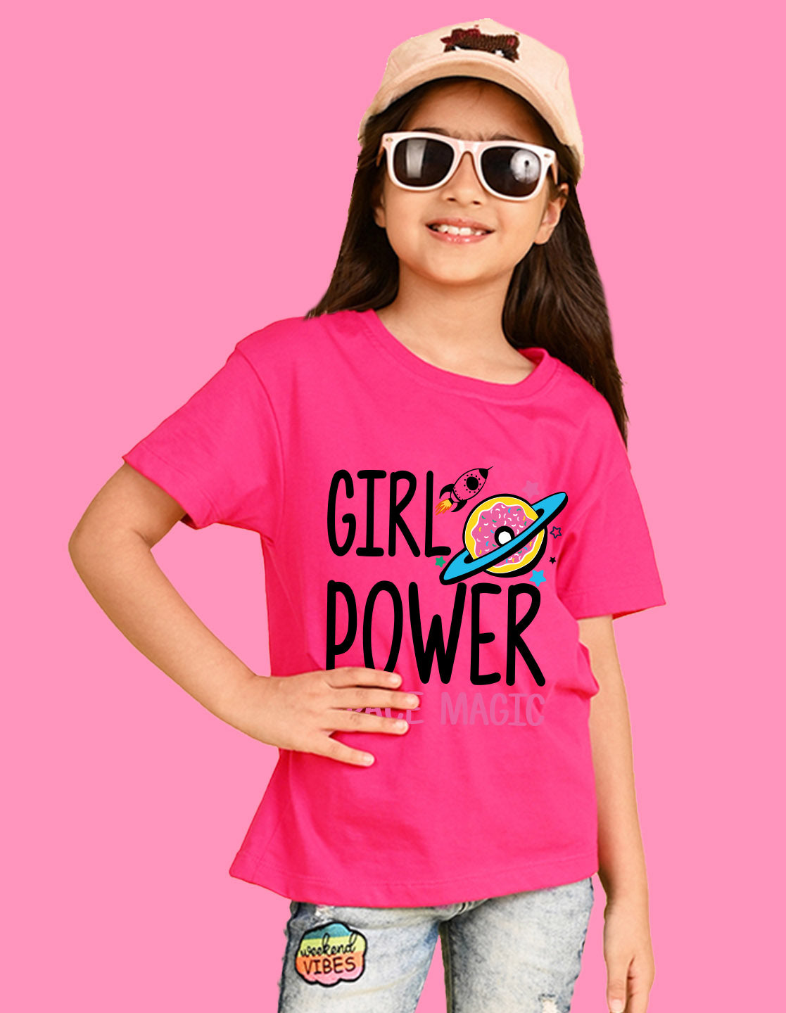 Nusyl Girls Hot Pink Girl Power text  Printed  Short sleeve Cotton Blend Oversized T-shirts