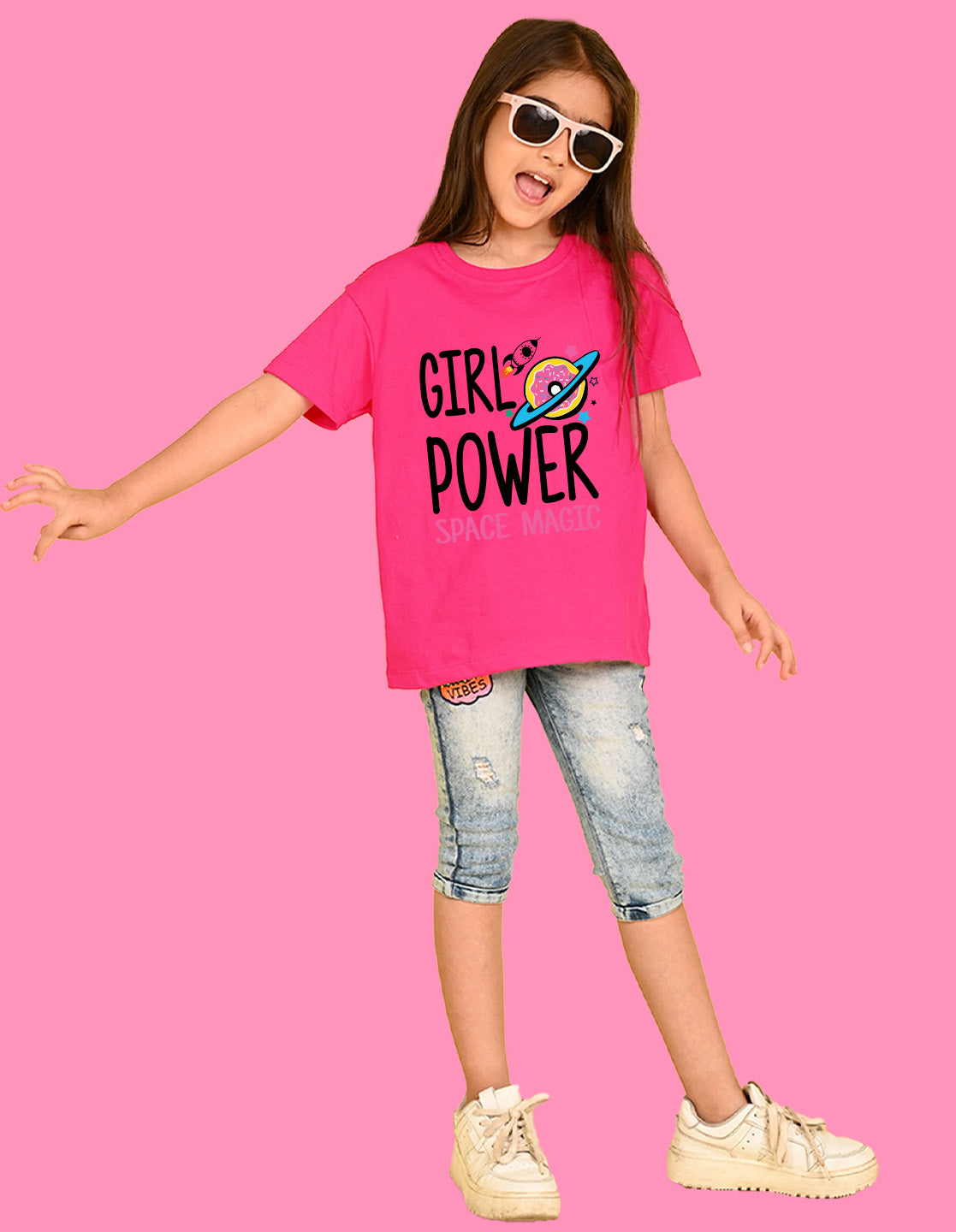 Nusyl Girls Hot Pink Girl Power text  Printed  Short sleeve Cotton Blend Oversized T-shirts