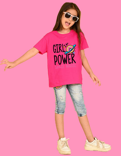 Nusyl Girls Hot Pink Girl Power text  Printed  Short sleeve Cotton Blend Oversized T-shirts