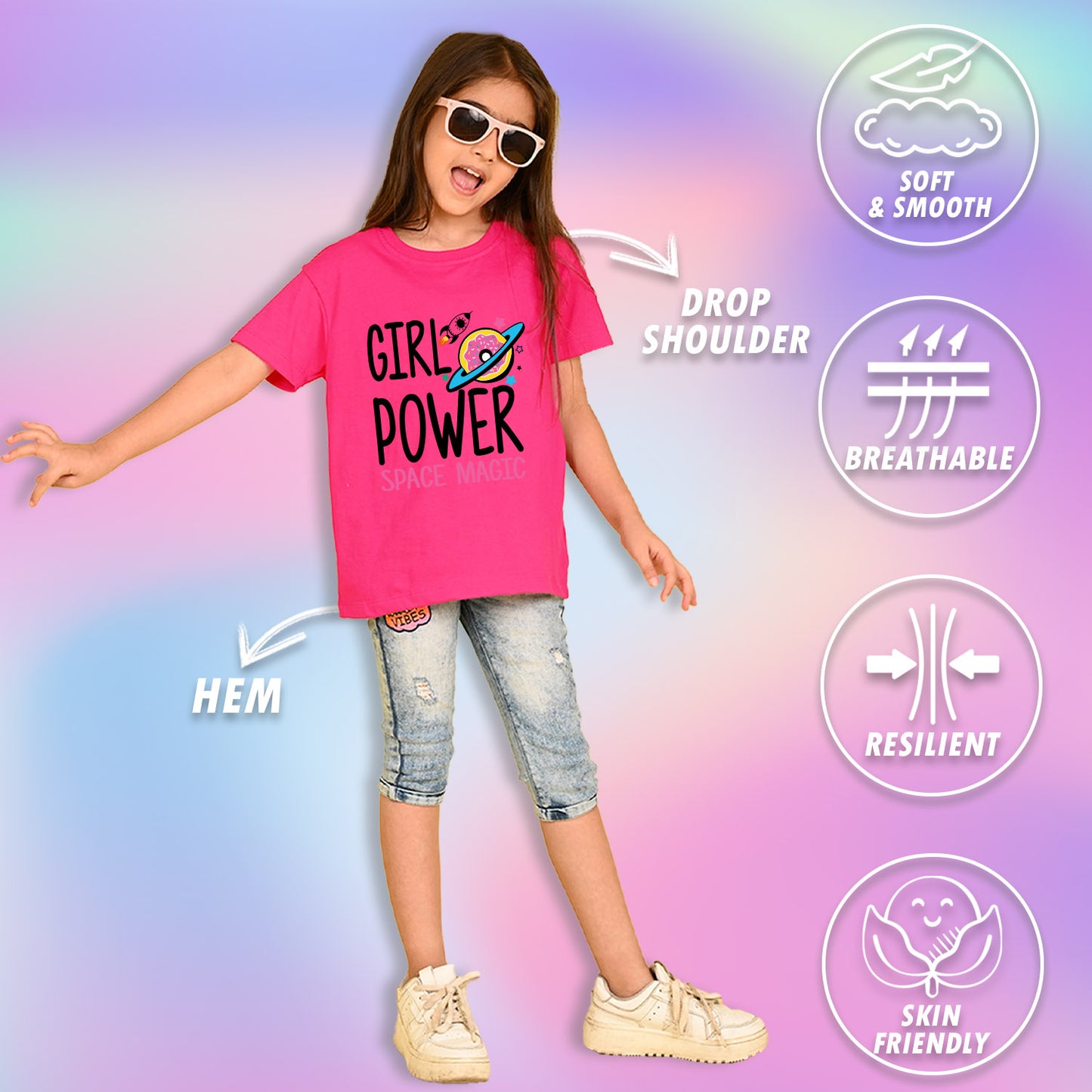 Nusyl Girls Hot Pink Girl Power text  Printed  Short sleeve Cotton Blend Oversized T-shirts