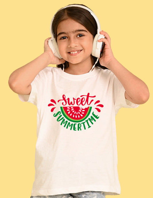 Nusyl Girls White Sweet Summertime Text Printed  Short sleeve Cotton Blend Oversized T-shirts