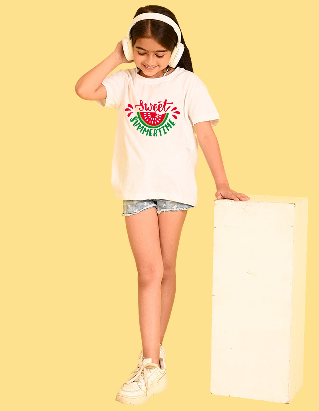 Nusyl Girls White Sweet Summertime Text Printed  Short sleeve Cotton Blend Oversized T-shirts