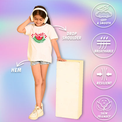 Nusyl Girls White Sweet Summertime Text Printed  Short sleeve Cotton Blend Oversized T-shirts