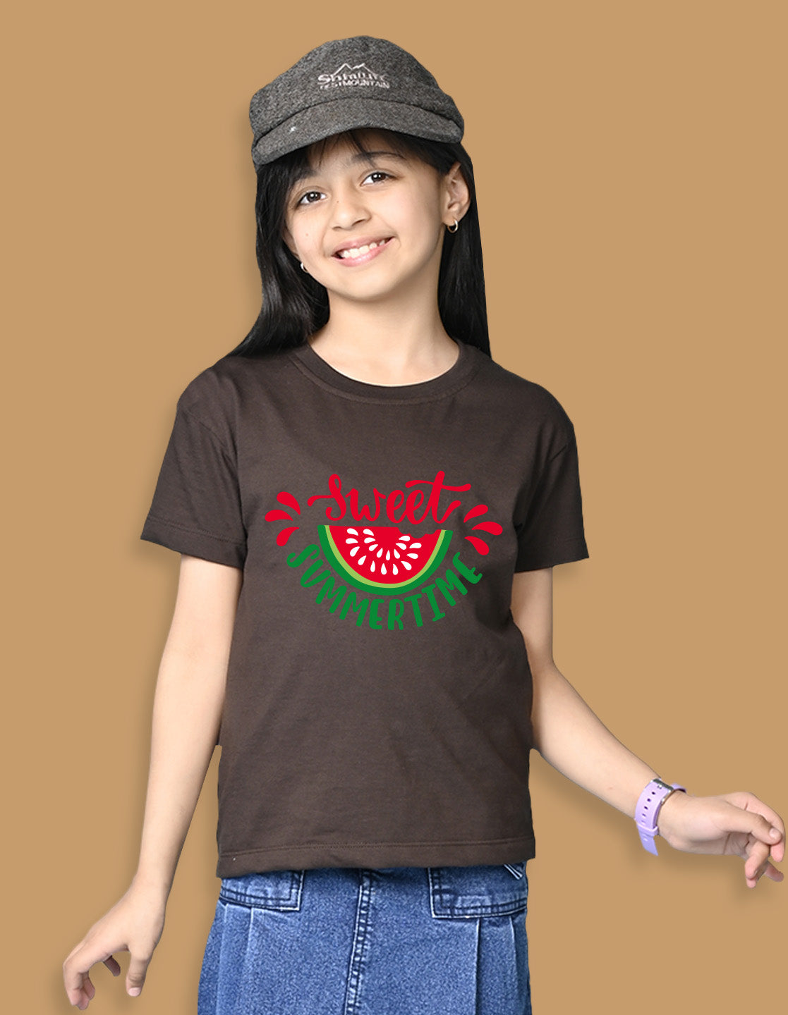 Nusyl Girls Brown Sweet Summertime Text Printed  Short sleeve Cotton Blend Oversized T-shirts