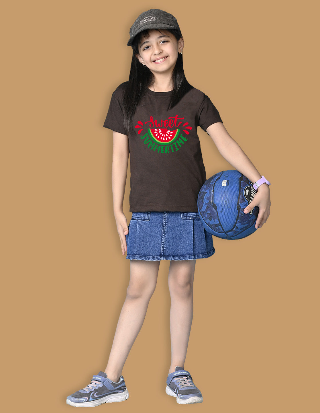 Nusyl Girls Brown Sweet Summertime Text Printed  Short sleeve Cotton Blend Oversized T-shirts