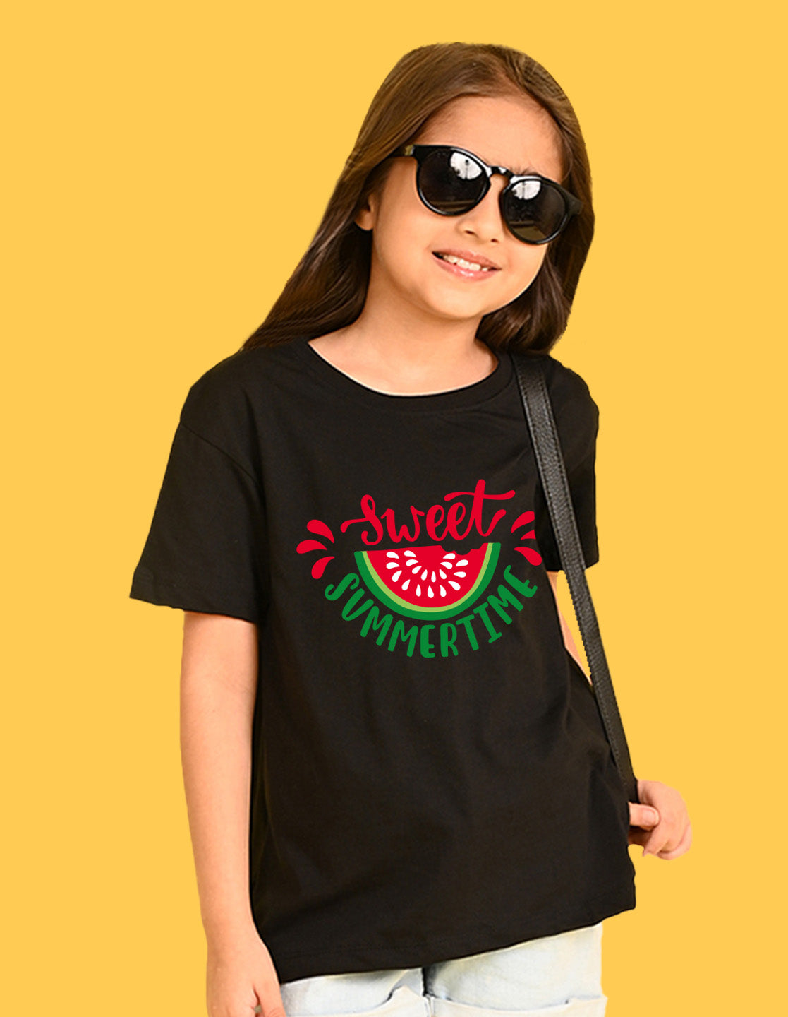 Nusyl Girls Black Sweet Summertime Text Printed  Short sleeve Cotton Blend Oversized T-shirts