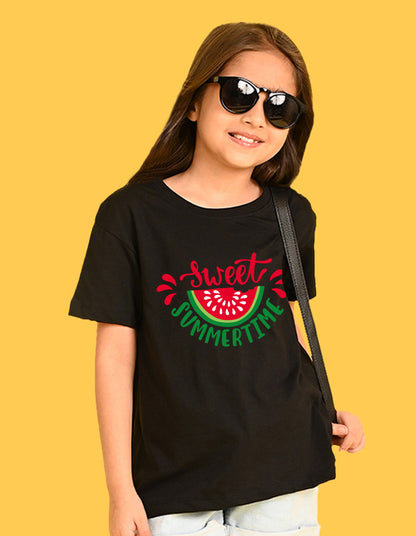 Nusyl Girls Black Sweet Summertime Text Printed  Short sleeve Cotton Blend Oversized T-shirts