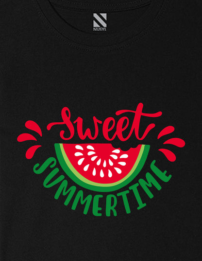 Nusyl Girls Black Sweet Summertime Text Printed  Short sleeve Cotton Blend Oversized T-shirts