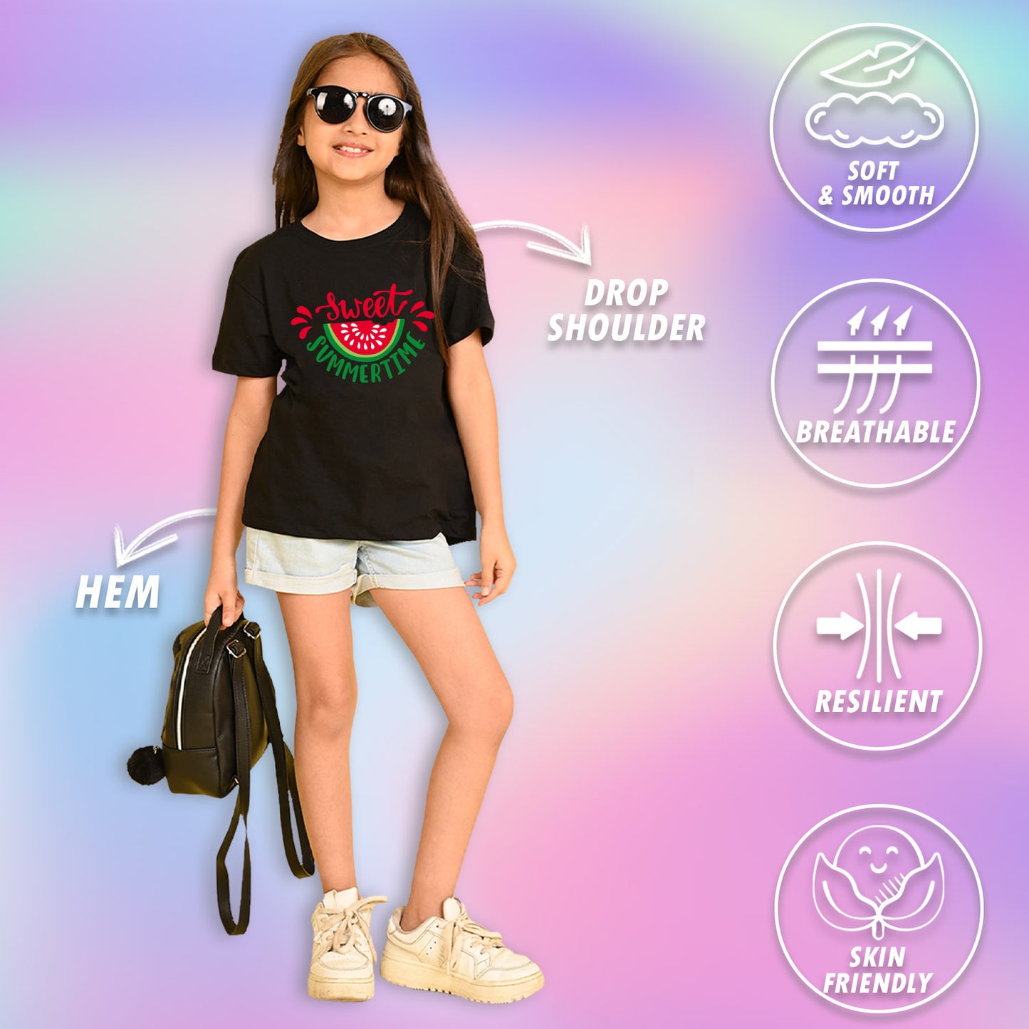 Nusyl Girls Black Sweet Summertime Text Printed  Short sleeve Cotton Blend Oversized T-shirts