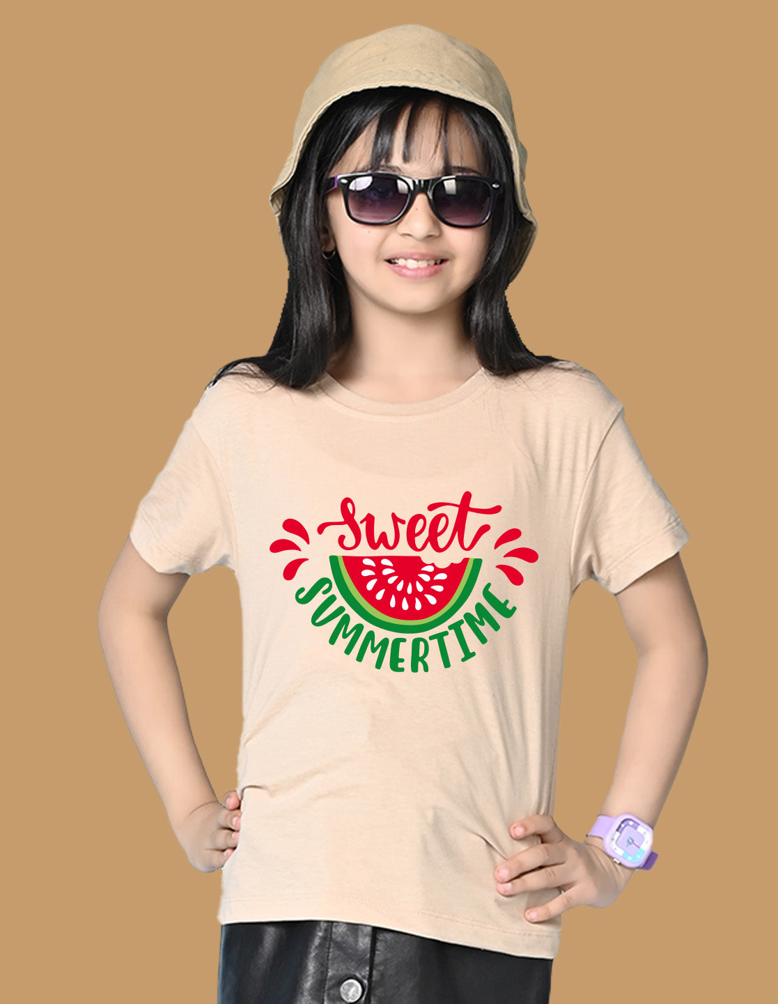 Nusyl Girls Beige Sweet Summertime Text Printed  Short sleeve Cotton Blend Oversized T-shirts
