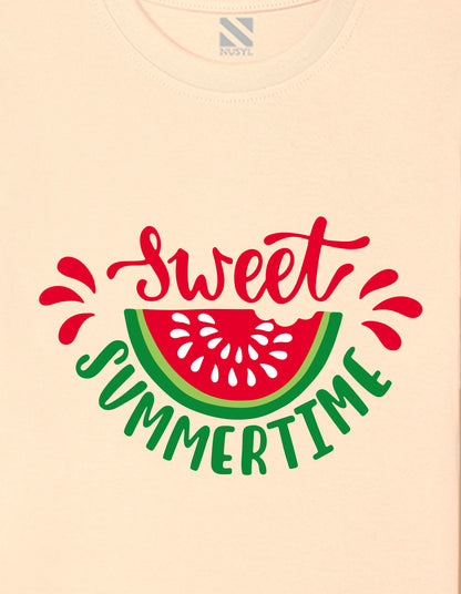 Nusyl Girls Beige Sweet Summertime Text Printed  Short sleeve Cotton Blend Oversized T-shirts