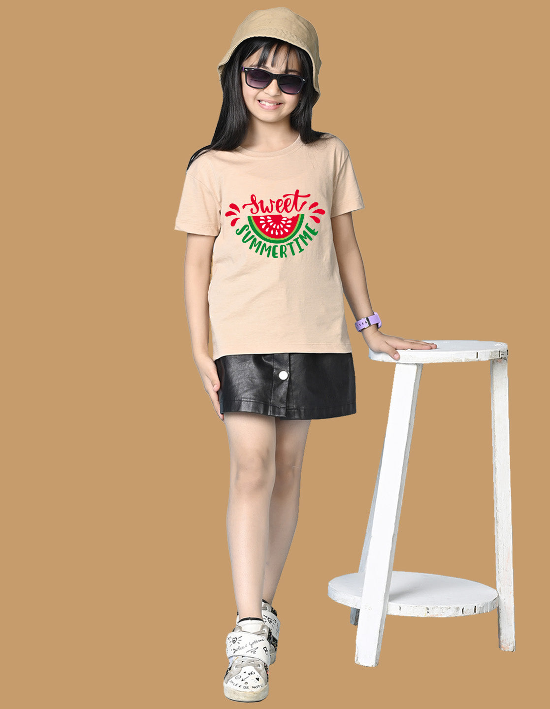 Nusyl Girls Beige Sweet Summertime Text Printed  Short sleeve Cotton Blend Oversized T-shirts