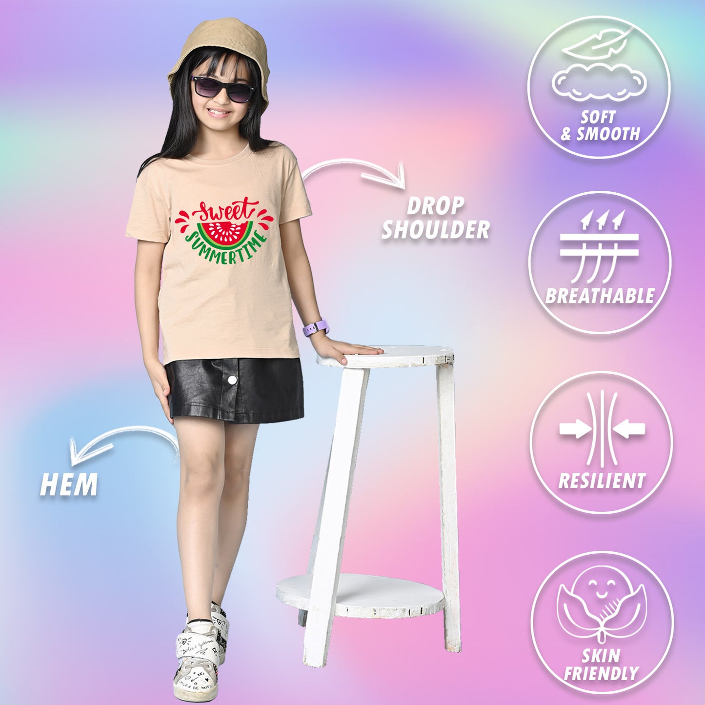 Nusyl Girls Beige Sweet Summertime Text Printed  Short sleeve Cotton Blend Oversized T-shirts